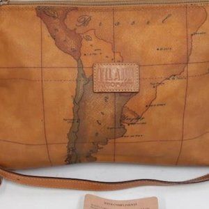 Alviero Martini 1A Classe Tan South America/Europe Map Print Crossbody Bag